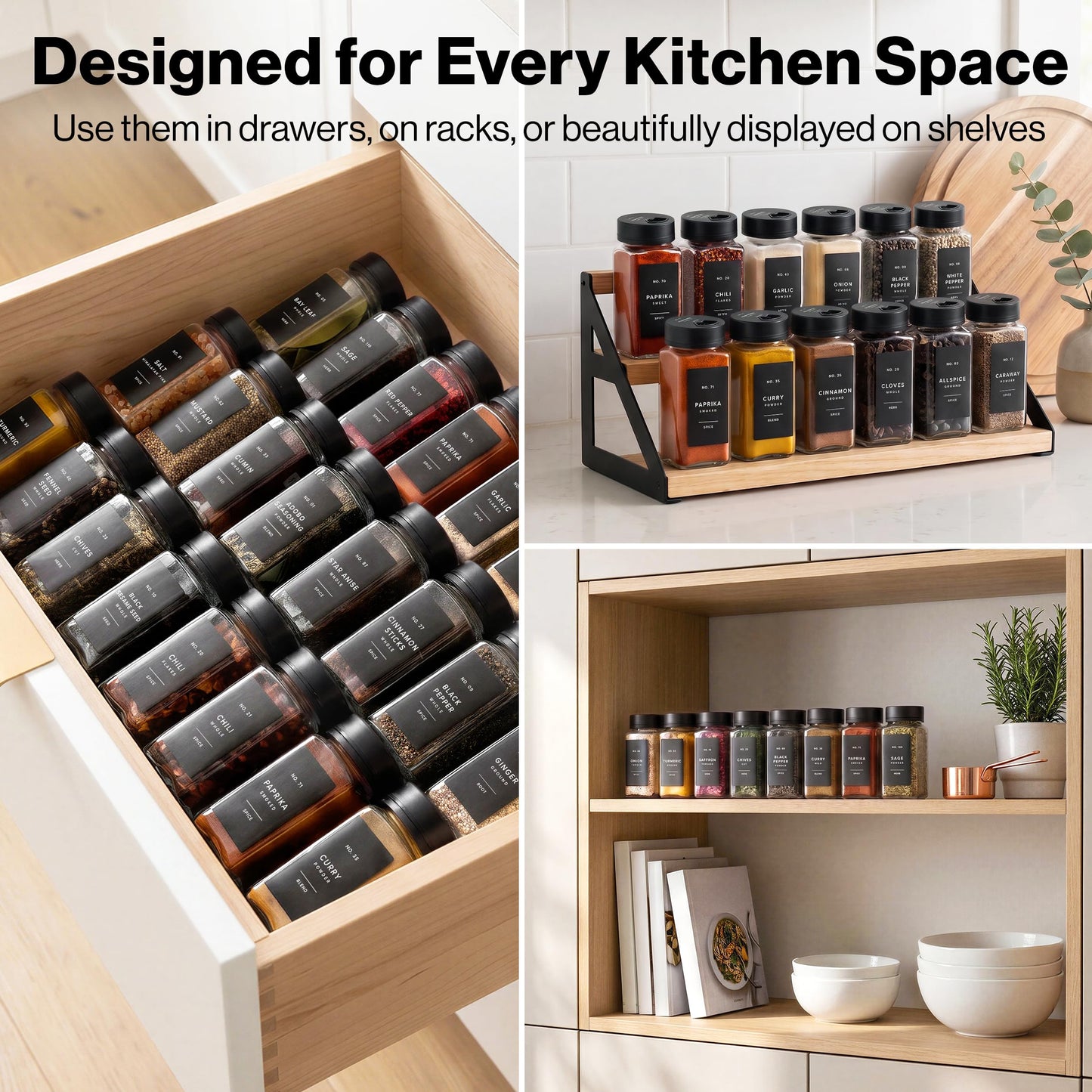 EDELHAUS Glass Spice Jars with Label and Black Rotating Lids (24 x 4oz) Spice Containers with 240 Labels, Shaker Inserts, Steel Funnel, Empty Square Containers