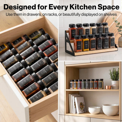 EDELHAUS Glass Spice Jars with Label and Black Rotating Lids (24 x 4oz) Spice Containers with 240 Labels, Shaker Inserts, Steel Funnel, Empty Square Containers
