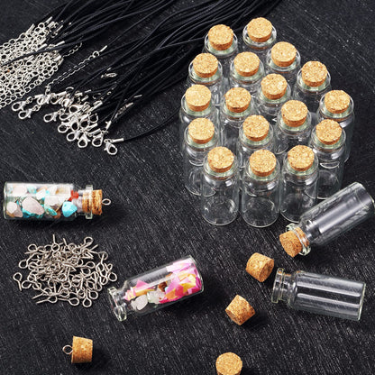 Sawysine 50 Set 10 ml Mini Glass Bottles with Cork Necklace Glass Tiny Wishing Bottle Vial Black Waxed Cord Eye Screws Clasp Rings for DIY Crafts Container Jars(Black)