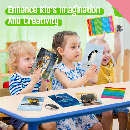 24PCS Animal Figurines with 24 Introducing Flashcards, Wild & Marine Animal Figures Safari and Underwater Creature Learning Montessori Toys Science Educational Matching Game for Homeschool, Kids