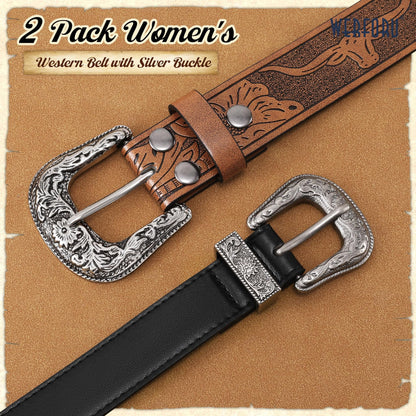 WERFORU 2 Pack Women Western Leather Belts for Jeans Western Belts with Big Buckle Country Belts for Cowgirls