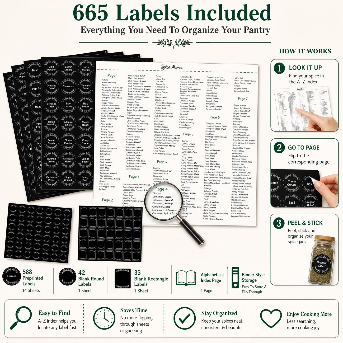 665 Spice Labels Book with A-Z Index, Black Round Pantry Stickers