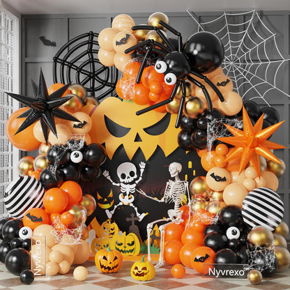 174Pcs Halloween Balloon Garland Arch Kit - Black and Orange Balloon Arch Kit with Spider Eye Explosion Star Balloons for Halloween Spooky One Costume Birthday Party Decorations