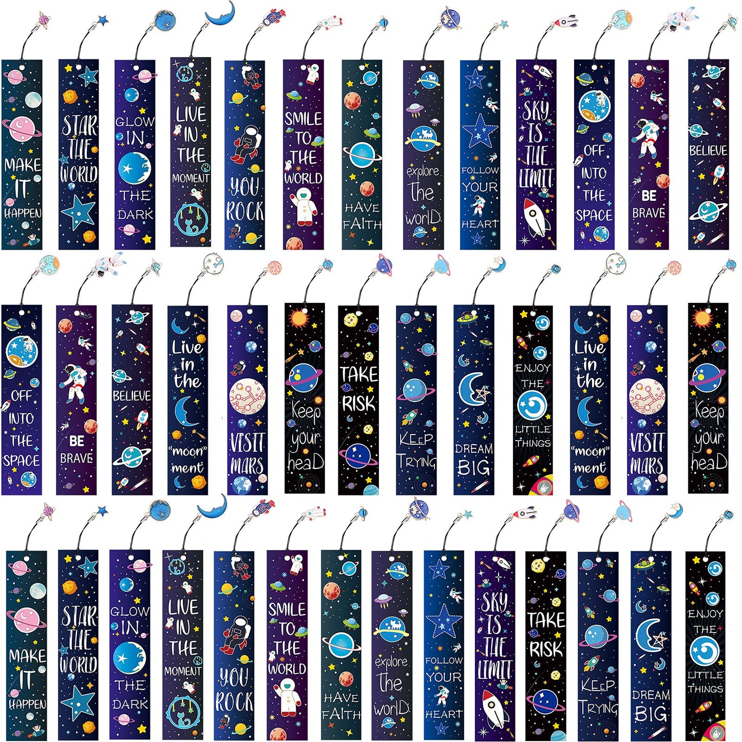 Zonon 40 Pcs Bulk Space Bookmarks for Kids Outer Space Party Favors Astronaut Planet Rocket Galaxy Theme Birthday Party Favors Inspirational Bookmarks with Charms for Boys Girls Student Reward Gift