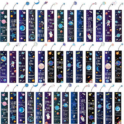 Zonon 40 Pcs Bulk Space Bookmarks for Kids Outer Space Party Favors Astronaut Planet Rocket Galaxy Theme Birthday Party Favors Inspirational Bookmarks with Charms for Boys Girls Student Reward Gift