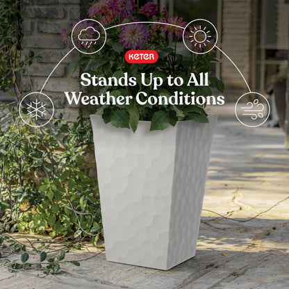 Keter Stone Tapered Planter Set of 2, Tall 26.4‑Inch Resin Outdoor Flower Pots with Stone‑Look Finish and 12.2‑Gallon Capacity, Cream
