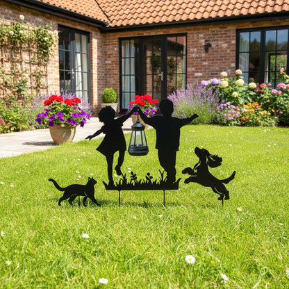 BVLFOOK Solar Garden Stakes with LED Lantern, Metal Silhouette Children and Pets Design, 12 x 4 x 10 Inches, Iron Construction, 3 Piece Set for Outdoor Yard Decor