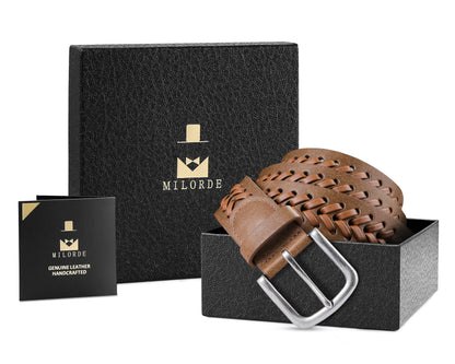 MILORDE Leather Braided Belts for Men, Handmade, Causal Woven Leather Jeans daily wear (X Tan, S 30-32")