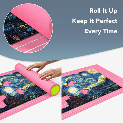 GOECI Portable Jigsaw Puzzle Roll Up Mat Kit - Holds Up to 1500 Pieces, Includes 8 Sorting Trays, Storage Bag & Box for Easy Transport and Crease-Free Storage Pink