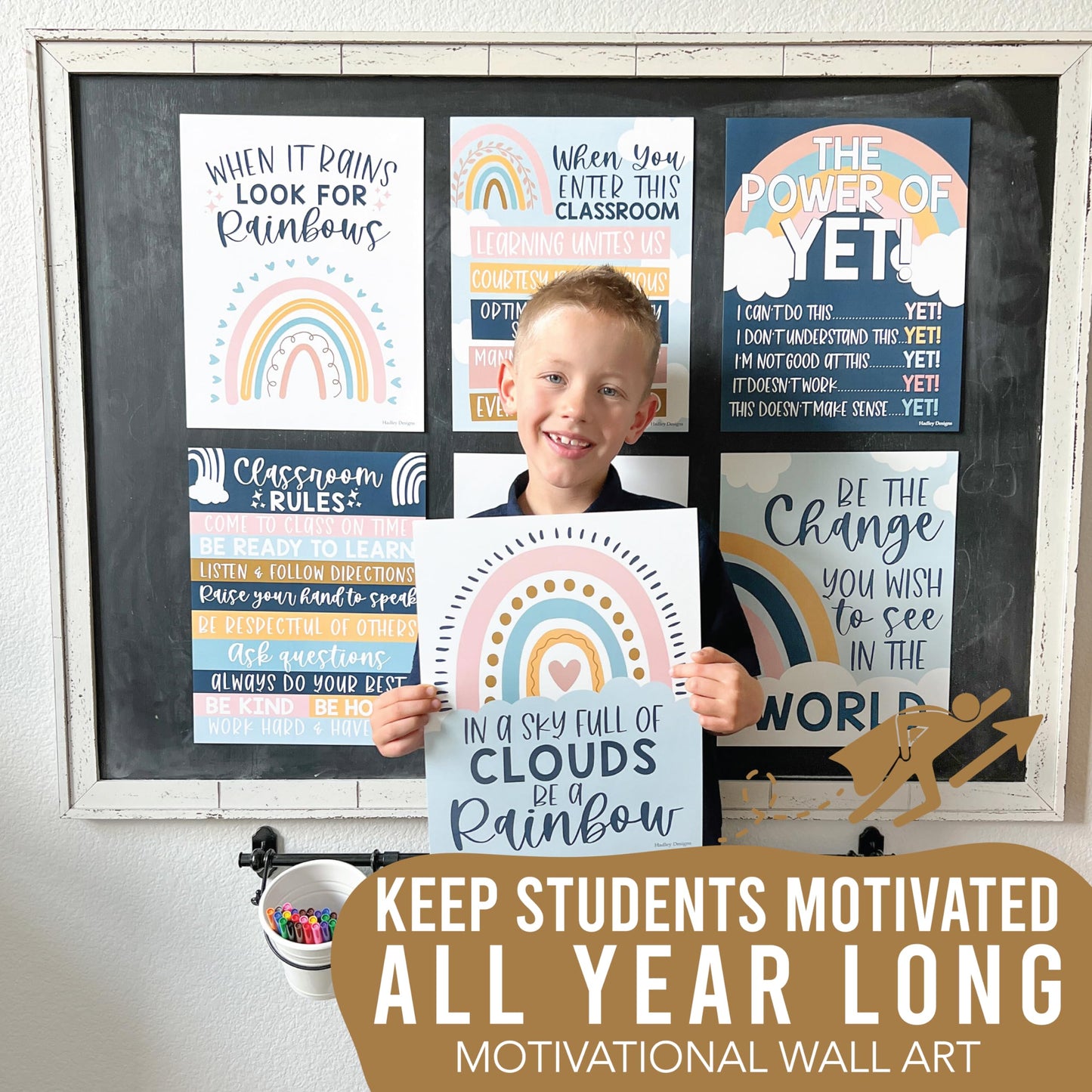 Hadley Designs Motivational Poster for Classroom Decor - 9 Growth Mindset Classroom Posters Elementary, Inspirational Wall Decor Middle School, Teacher Must Haves, Boho Bulletin Board Decorations