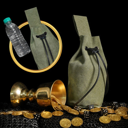Mythrojan Drawstring Belt Bag Renaissance Costume Accessories Medieval Suede Leather Purse Viking Coin Jewelry Pouch Waist Bag for LARP, Festivals, Renfaire, Reenactments Green- 8" x 6.5"