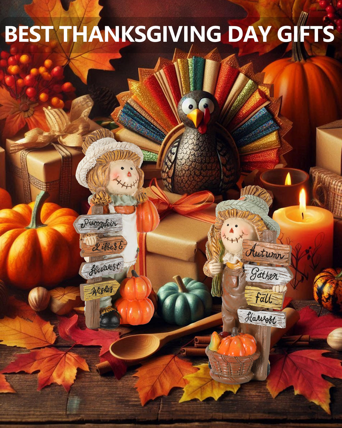 GoGnome 2-Pack Thanksgiving Scarecrow Figurines with Inspirational Autumn Plaques - Durable Resin 5.5'' Thanksgiving Table Decor - Fall Decorations Indoor Outdoor Harvest Gifts (Scarecrows)