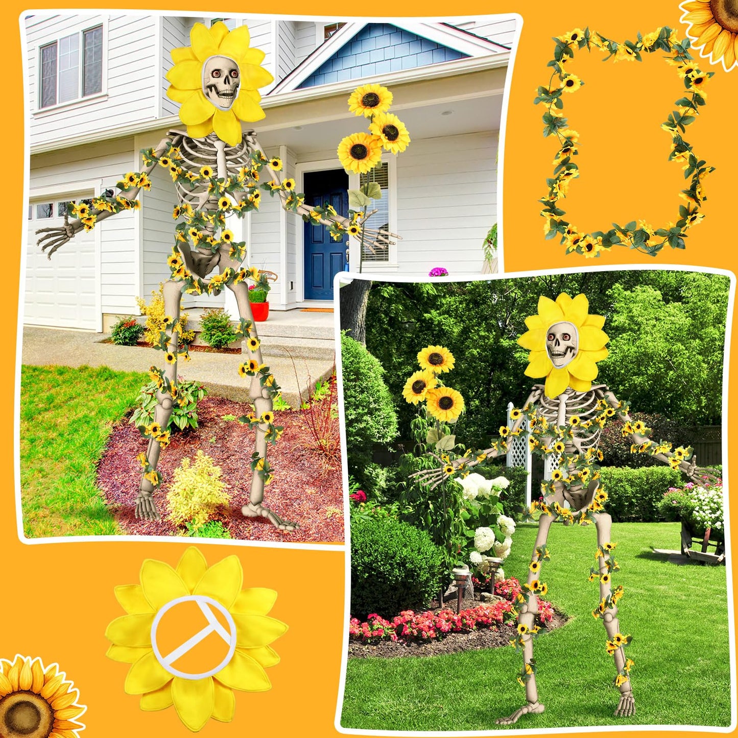 Hollowfly 3 Pcs 12 ft Skeleton Clothes Accessories Set Including Yellow Sunflower Head Wrap Garland and Bouquets of Sunflower Flowers for Spring Skeleton Costume Summer Outfit Dress Decor