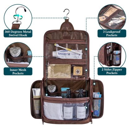 PAVILIA Large Hanging Toiletry Bag Travel Bag Women Men, PU Leather Cosmetic Organizer, Water Resistant Makeup Bag Accessories Toiletries, Travel Essentials Kit, Brown