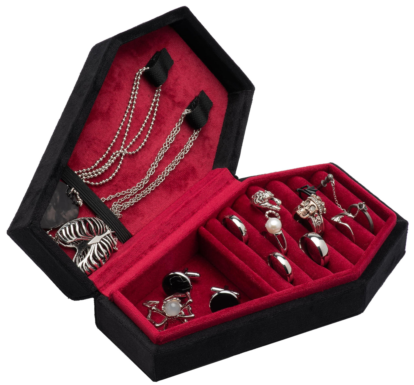 Giftop Velvet Coffin Jewelry Travel Case Holder for Gothic Wedding Ceremony Jewelry Organizer Decoration (Black and Red)