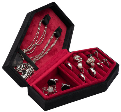 Giftop Velvet Coffin Jewelry Travel Case Holder for Gothic Wedding Ceremony Jewelry Organizer Decoration (Black and Red)