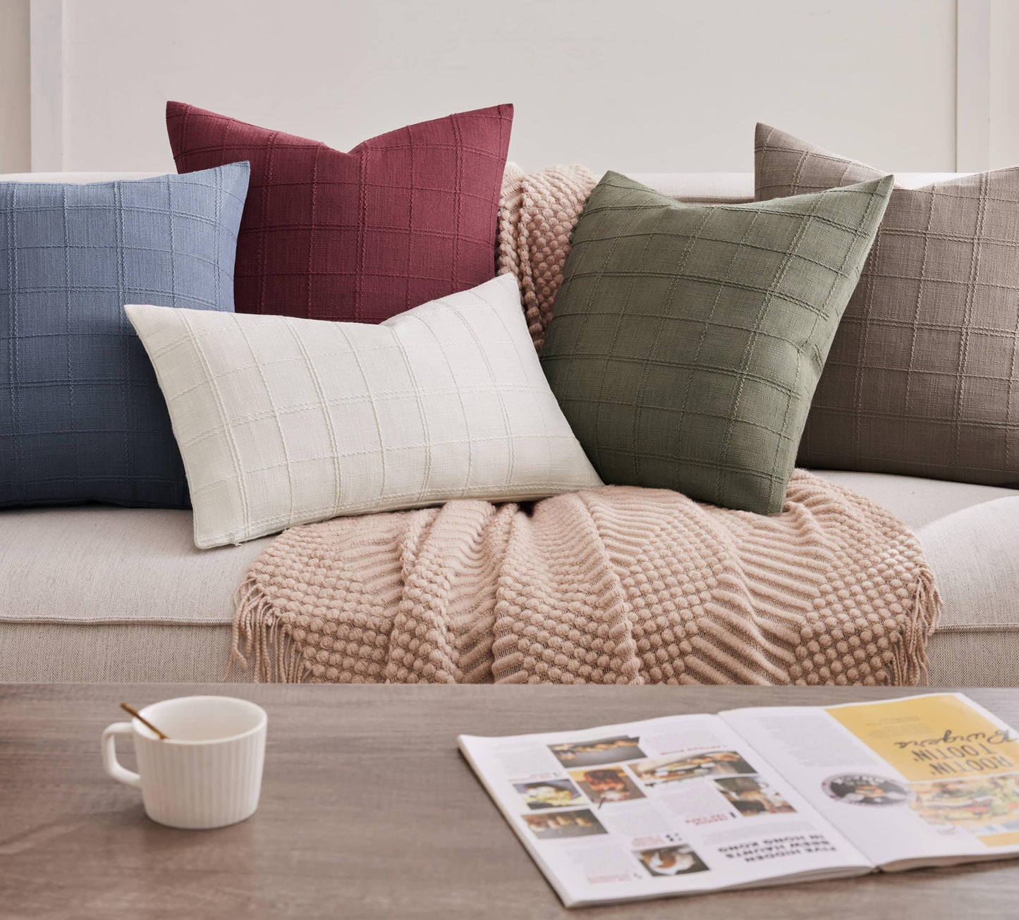 ZeeMart Linen Checked Lumbar Throw Pillow Covers Set of 2, 12x20 Inch Allover Grid Burgundy, Farmhouse Decorative Double Sided Grid Embroidered Couch Pillow Cases Red Cotton Linen Cushion Covers