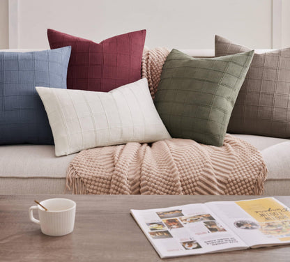 ZeeMart Linen Checked Lumbar Throw Pillow Covers Set of 2, 12x20 Inch Allover Grid Burgundy, Farmhouse Decorative Double Sided Grid Embroidered Couch Pillow Cases Red Cotton Linen Cushion Covers