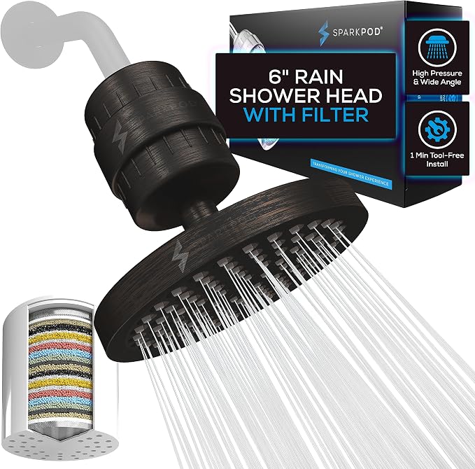 SparkPod 23-Stage Filtered Shower Head, 6" Round, Oil-Rubbed Bronze | Filtered Shower Head for Hard Water Filter, High Pressure, Reduces Chlorine, Heavy Metals, For Dry Skin & Hair