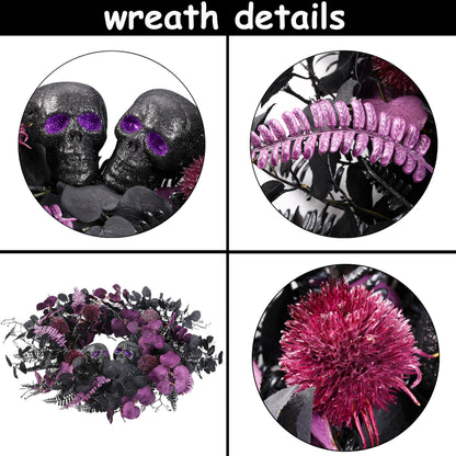 BINFEN 20" Halloween Wreaths for Front Door, Black Glitter Skulls Purple Eucalyptus Leaves Halloween Horror Decor, Gothic Party Room Decoration