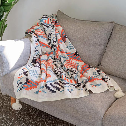 Blue Throw Blanket, Knitted Boho Throw Blankets with Tassels, Soft Colorful Throw Blanket for Sofa Couch Bed and Living Room, Blue&Orange (50x60 Inch)