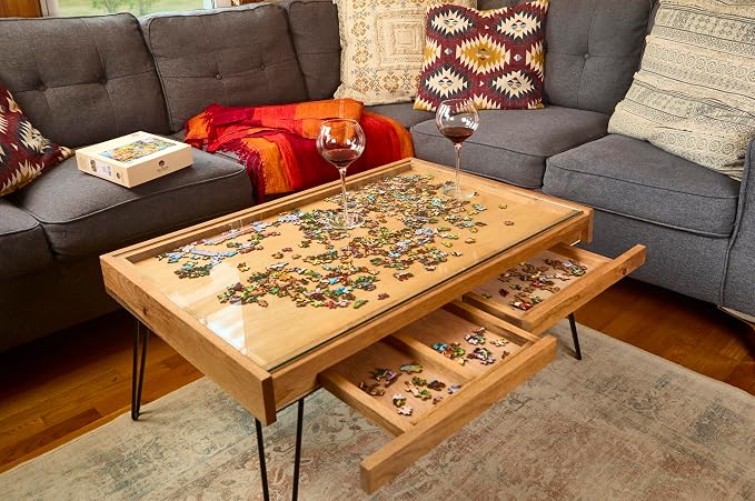 Rustic Puzzle Coffee Table with Removable Glass top - Includes 2 Hidden Drawers - 24x36. 100% Made in the USA