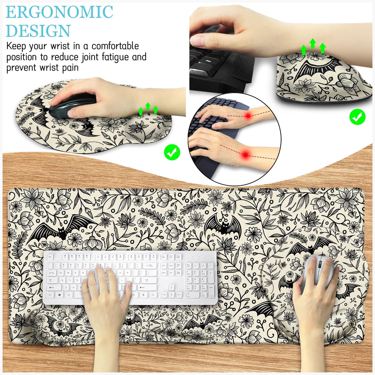 LIMKRIAN Goth Bat Mouse Pad Set Large Desk Mat for Desktop, Ergonomic Mouse Pad with Wrist Rest for Gaming, Keyboard Mat Wrist Support Cup Coaster Set, Gothic Office Desk Accessories Decor Supplies