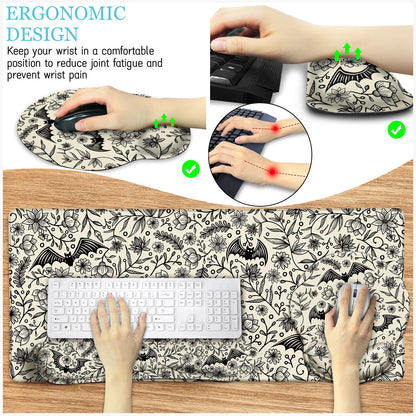 LIMKRIAN Goth Bat Mouse Pad Set Large Desk Mat for Desktop, Ergonomic Mouse Pad with Wrist Rest for Gaming, Keyboard Mat Wrist Support Cup Coaster Set, Gothic Office Desk Accessories Decor Supplies