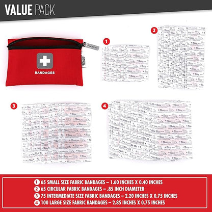 Thrive Bulk Fabric Adhesive Bandages Variety Pack - Portable Zipper Pouch for Travel & Car First Aid Kit - Waterproof & Latex-Free Bandages for Camping & Hiking First Aid Kit - 305 Piece Set, Red