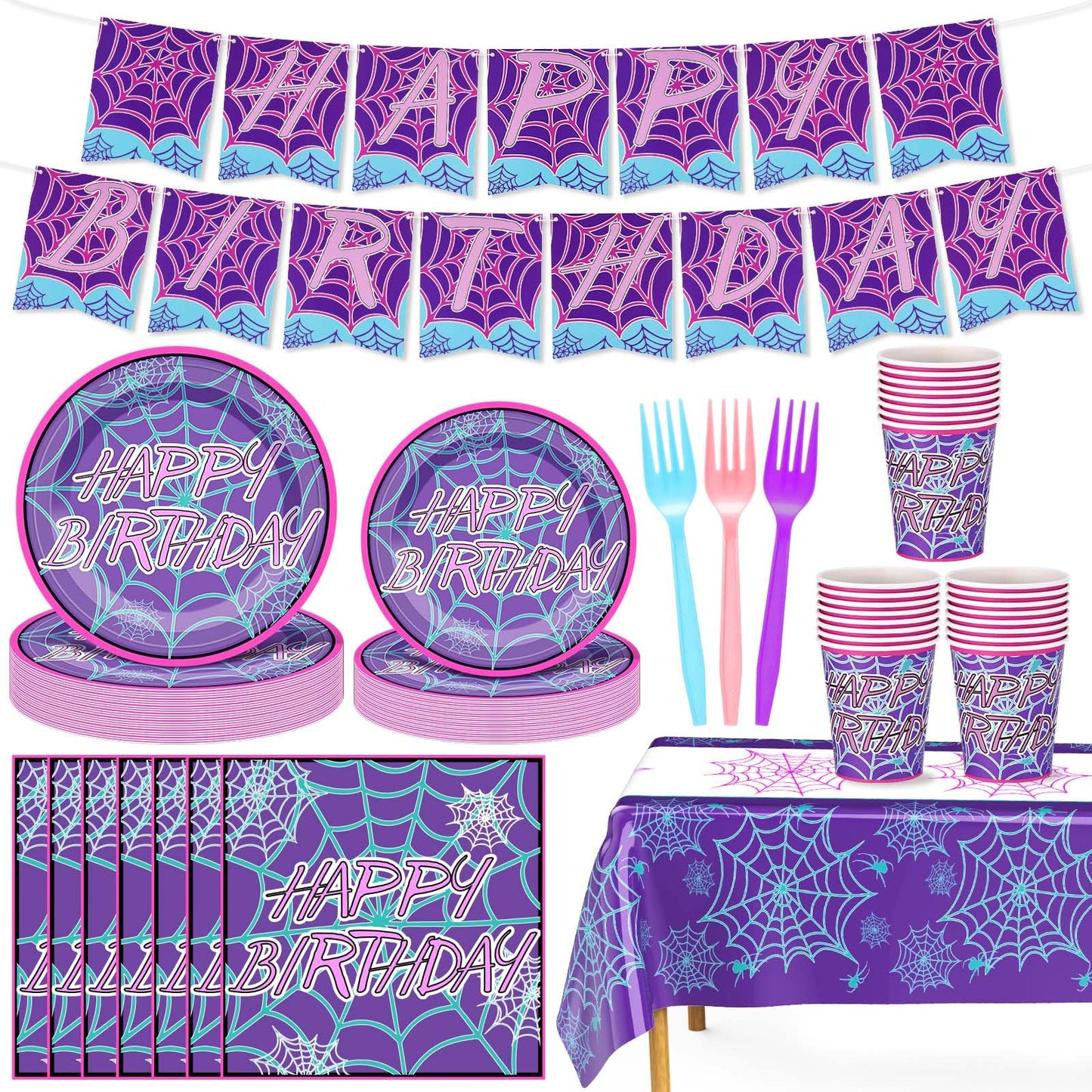 FoldTier 24 Set Spider Birthday Supplies and Decorations Spiderweb Party Plates and Napkins Spider Tablecloth and Banner for Halloween Christmas Party Favor(1 Tablecloth,Purple Happy Birthday)