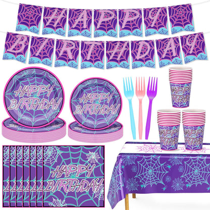 FoldTier 24 Set Spider Birthday Supplies and Decorations Spiderweb Party Plates and Napkins Spider Tablecloth and Banner for Halloween Christmas Party Favor(1 Tablecloth,Purple Happy Birthday)