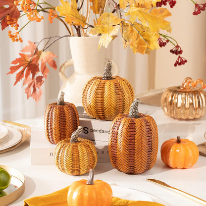 Valery Madelyn Thanksgiving Fall Decoration for Home Pumpkin Decor, 2pcs Resin Statue Artificial Rattan Pumpkins Figurine, Autumn Harvest Halloween Table Centerpieces, 6.2 inch
