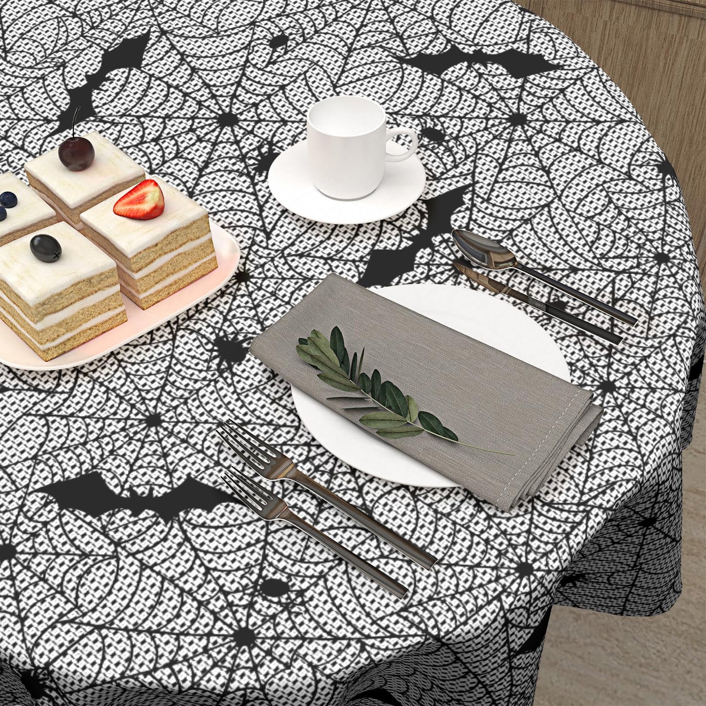 Sweetshow Halloween Bat Table Cloth Round Black and White Spider Web Tablecloth 70 Inch Decor Washable Stain and Wrinkle Resistant Round Table Cover for Dining Party Picnic