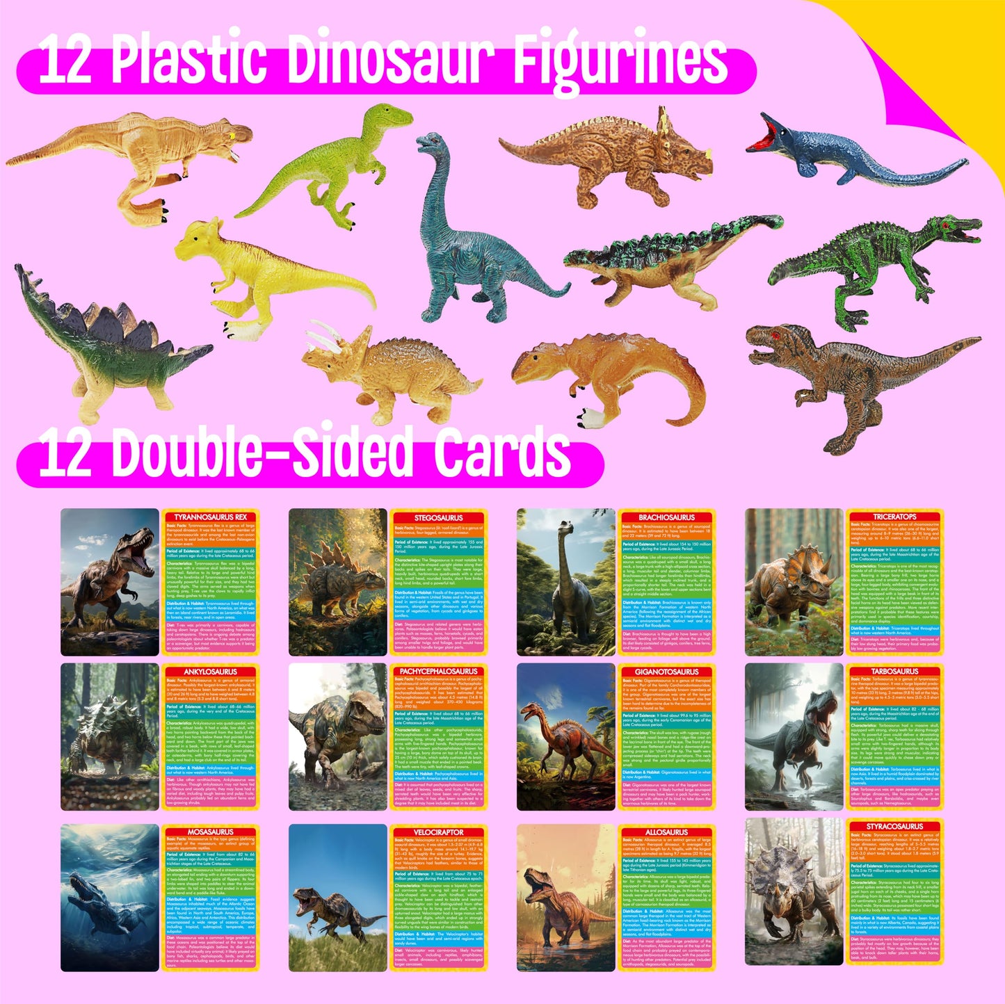 12 PCS Dinosaur Figurines with 12 Introducing Flashcards, Portable Dinosaur Figurines Montessori Toys Science Educational Matching Game for Homeschool Preschool Toddler Kids