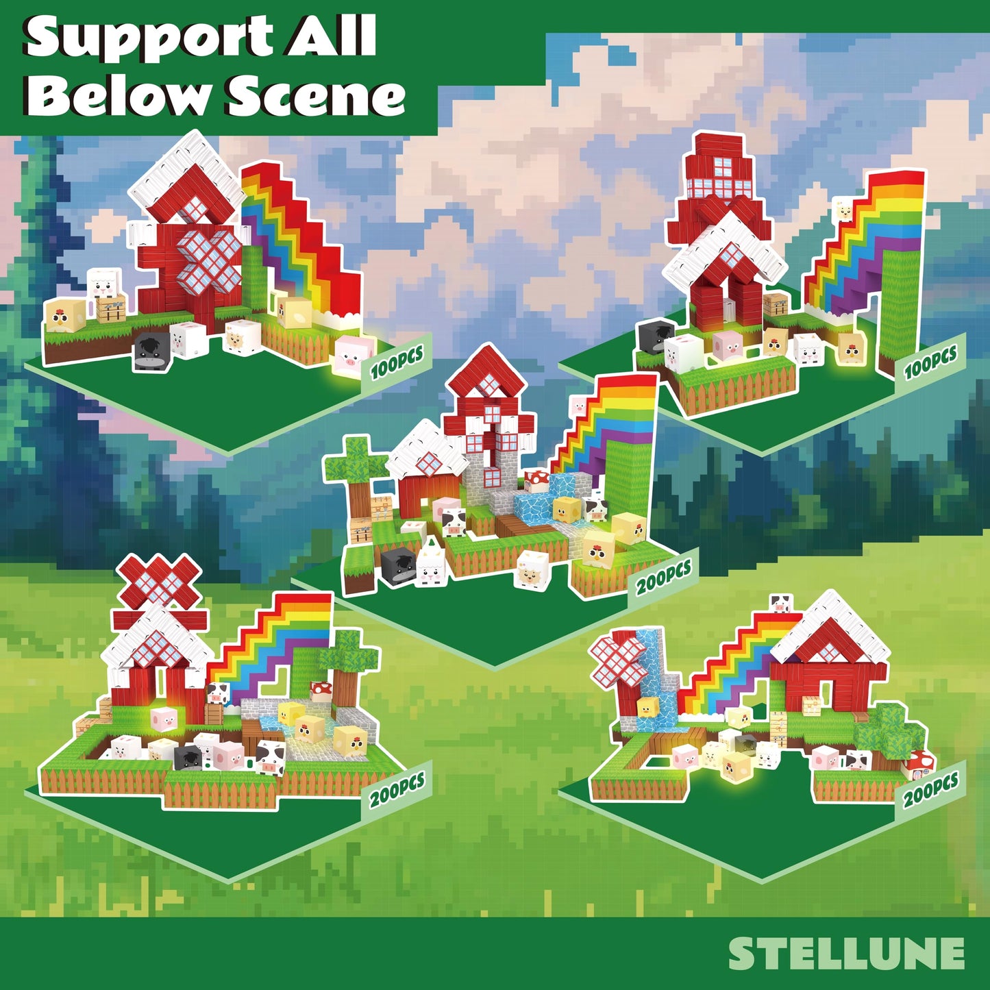 STELLUNE 200PCS Magnetic Blocks with 3 Light Up Pieces, Rainbow Farm Pals Magnetic Building Cubes, STEM Educational Toys for Kids Ages 3+, Ideal Gift for Boys Girls