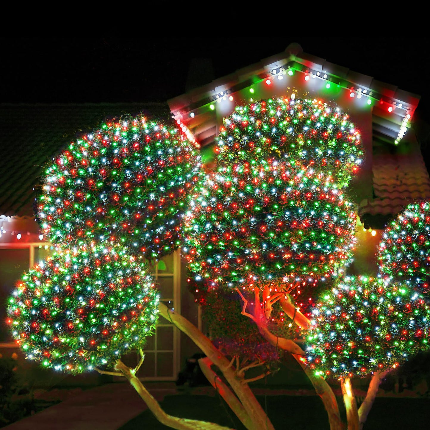WBao Christmas Net Lights, 360LED 11.5ft x 6.9ft Christmas Lights with 8 Modes, Timer, End to End Connectable, Waterproof Design for Lawn, Bushes, Trees Outdoor Xmas Decorations, Red Green White