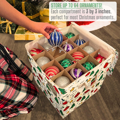 VENO 2 Pack Christmas Ornament Storage Box, Holiday Ornament Organizer with Adjustable Dividers, Sturdy Storage Containers for 64 Ornaments, Zippered Lid & Handles, 3" Cube (Jingle Mix)