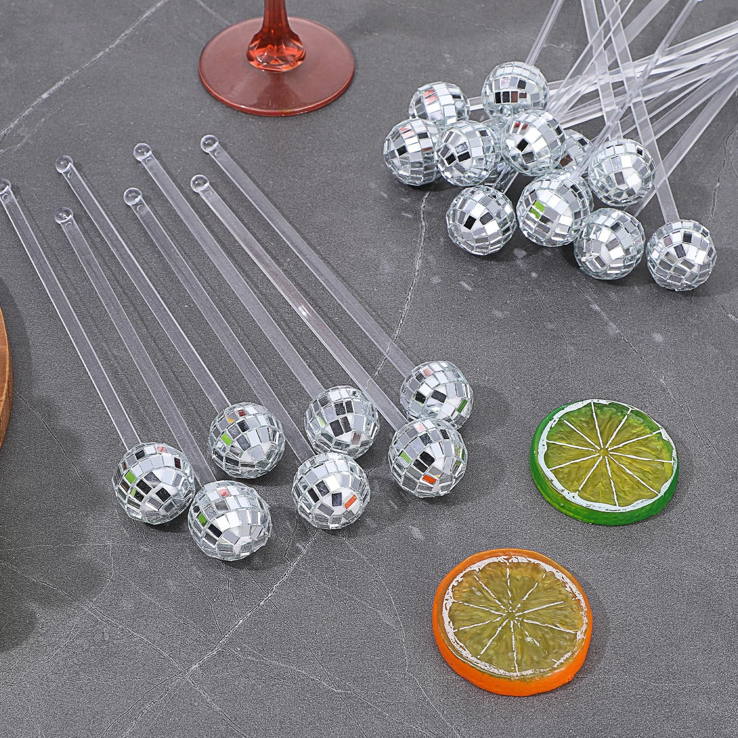 72 Pcs Disco Balls Cocktail Stirrers, Plastic Round Top Swizzle Sticks Mirror Disco Ball Stir Sticks Decorative Straws Drink Stirrers for 70s 80s Theme Party, Home Bar, Coffee Shop, Wedding (Silver)