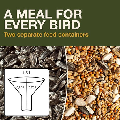 SWISSINNO Bird Feeders - No Mess Hanging Bird Feeder for Outdoors - Smart Birds Davos Spill Proof Wild Cardinal & Small Bird Feeder with Integrated Seed Catcher Tray - Dual Chamber - Green