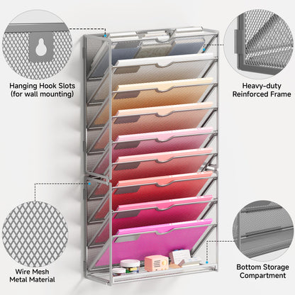 Lavatino 10-Tier Hanging Wall File Folders Organizer - Silver Metal Mesh Paper Magazine Document Mail Holder File Organizer for Office School Home Wall Mount or Desk Supplies Organization