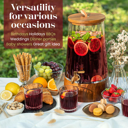 FOODLE Large Glass Drink Dispenser with Spigot - Glass Beverage Dispenser with Stand - Perfect for Parties & Weddings - Pitcher for Lemonade, Water, Sangria, Punch & Juice - Leakproof - 1.72 Gallon
