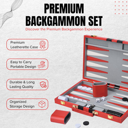 Premium Backgammon 18 Inches Large Red - Backgammon Sets for Adults and Kids - Leatherette Back Gammon Board Game Set - Travel Backgammon Set Board Encased with Accessories