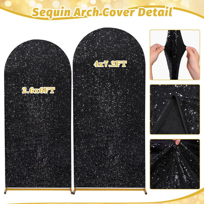 Wedding Arch Cover Set of 2 Glitter Sequin Fitted Arch Stand Covers for Halloween Party Bridal Shower Photo Balloon Arch Covers (7.2FT, 6FT, Black)