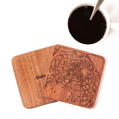 Edinburgh Map Coaster by O3 Design Studio, Set Of 4, Sapele Wooden Coaster With City Map, Handmade