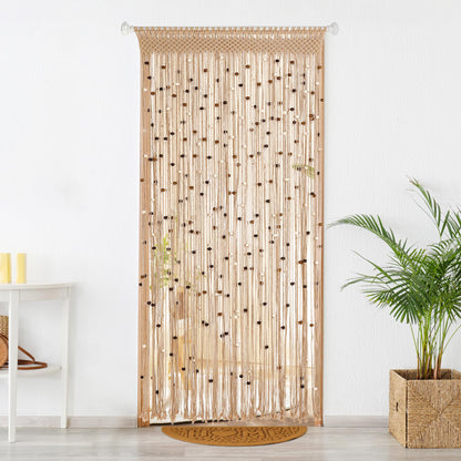 BECHAEO Macrame Beaded Curtain Boho Handmade Cotton Door String Curtain for Doorway Window Wooden Beads Hanging Hippie Room Divider Closet Bedroom Privacy Decor, 1 Panel 79" x 35"