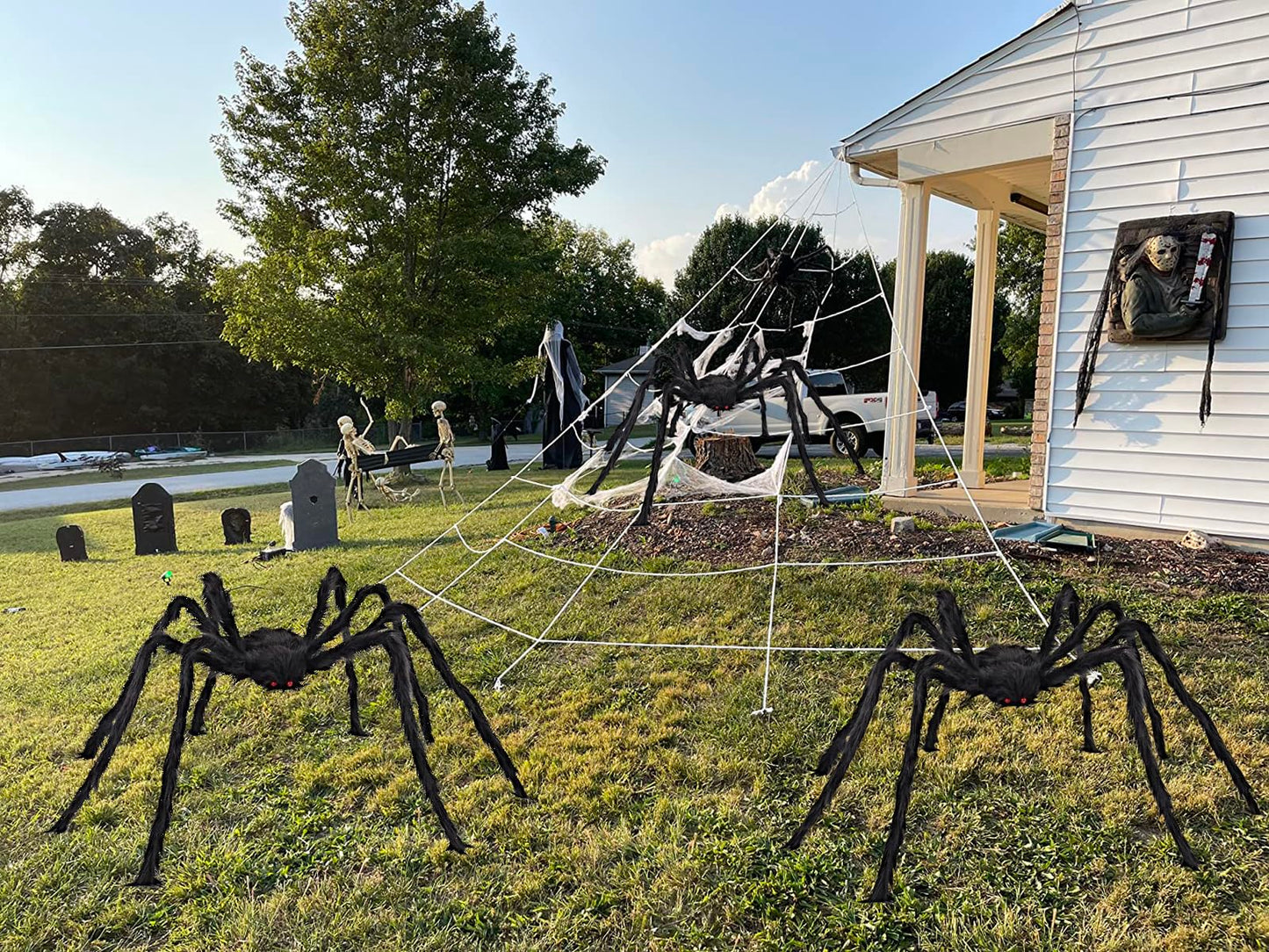JIEFULL Halloween Decoration Giant Spider, 5 Ft Scary Hairy Spider - Black, Brown & White, Large Props for Halloween Outside Haunted House Yard Lawn Home Decor (Black)