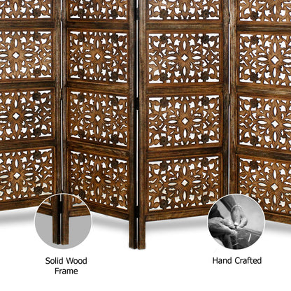 Room Divider Wood Screen - Rajasthan Antique Brown - 4 Panel Folding 72 x 80 - Intricate Hand Carved Decorative Functional Versatile Portable Partition Reversible Freestanding Privacy - COTTON CRAFT