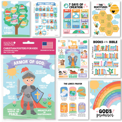 Hadley Designs Sunday School Decorations for Classroom –9 Bible Posters for Kids, Books of the Bible, 10 Commandments, Bible Timeline Chart, Fruits of the Spirit, Pastel Christian Classroom Decor