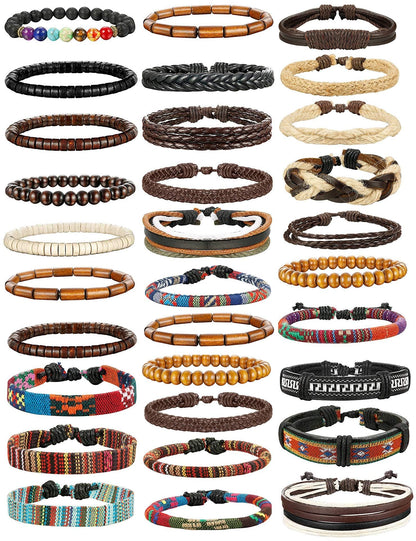 FIBO STEEL Braided Leather Bracelets for Men Women - Wooden Beads Cool Wrap Cuff Bracelets Mens Hemp Tribal Wristbands Punk Vintage Bracelet Set 31 Pcs