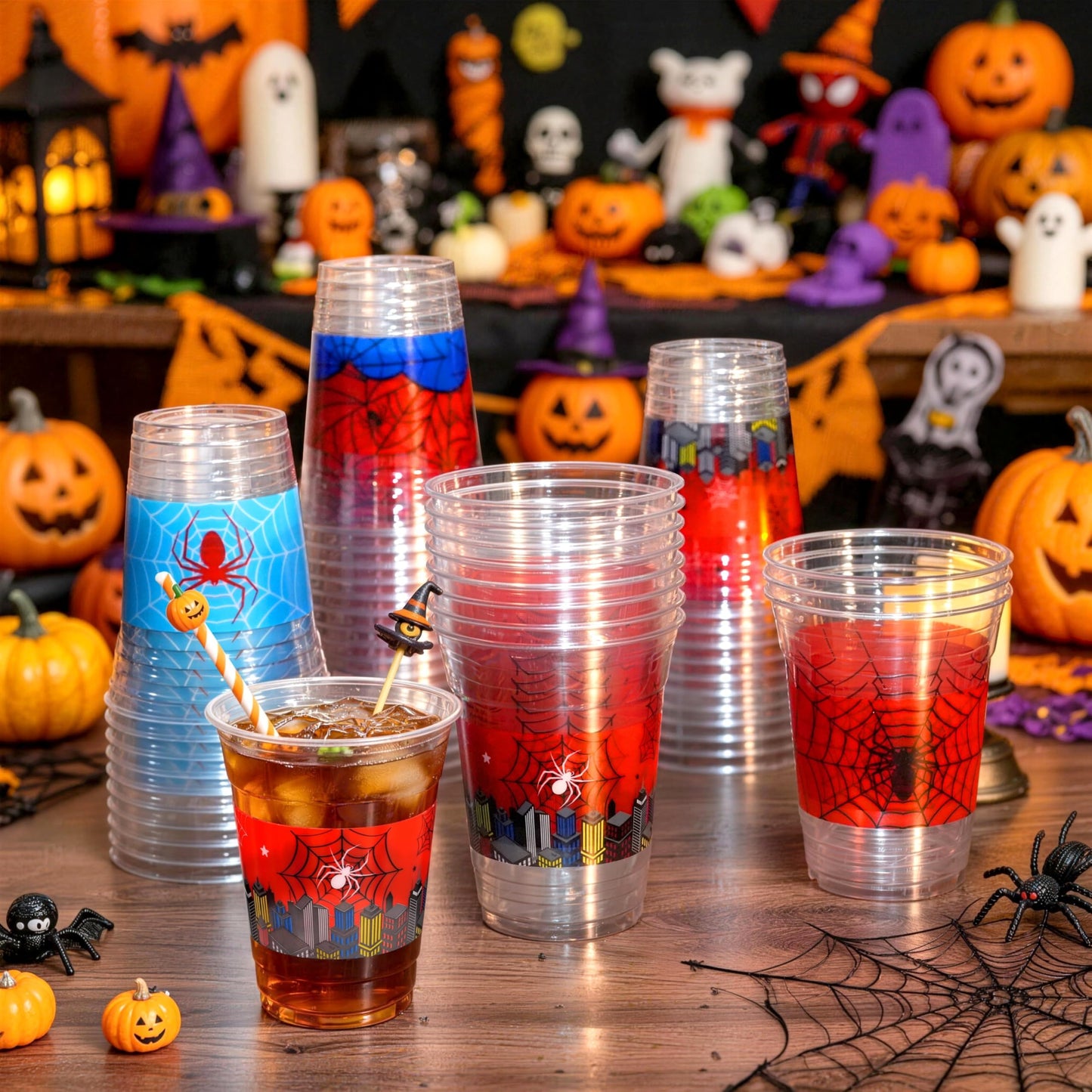 CUPLOOV 50Pcs Spider Web Birthday Party Decorations Cups, 12 OZ Disposable Plastic Drinking Cups Hot Cold Drink Wine Coffee for Home Sports Birthday Christmas Themed Holiday Party Supplies Favors